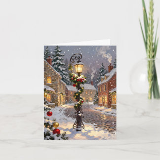 Schneebedeckte Dorfszene mit Laternenpfahl Feiertagskarte