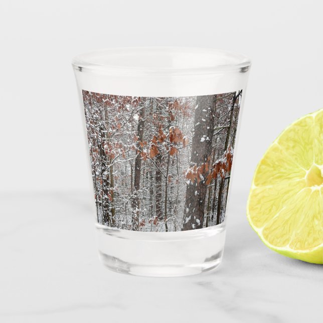 Schneebedeckte Eichenbäume Winternaturfotografie Schnapsglas (Vorderseite)