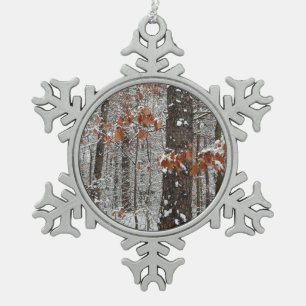 Schneebedeckte Eichenbäume Winternaturfotografie Schneeflocken Zinn-Ornament