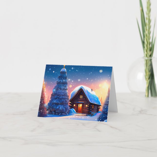 Schneebedeckte Holzhütte. (Vorderseite)