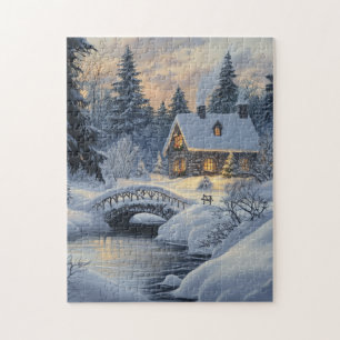 Schneebedeckte Hütte am Bach
