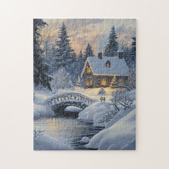 Schneebedeckte Hütte am Bach (Vertikal)