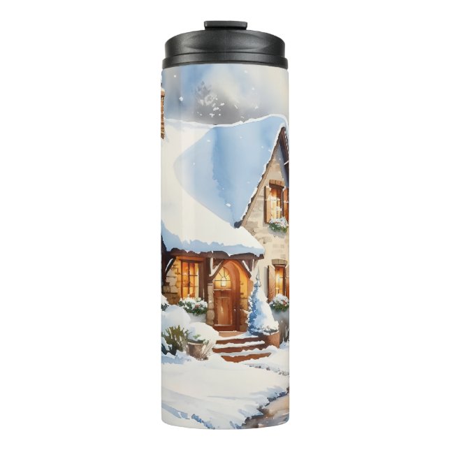 Schneebedeckte Hütte Thermosbecher (Vorderseite)