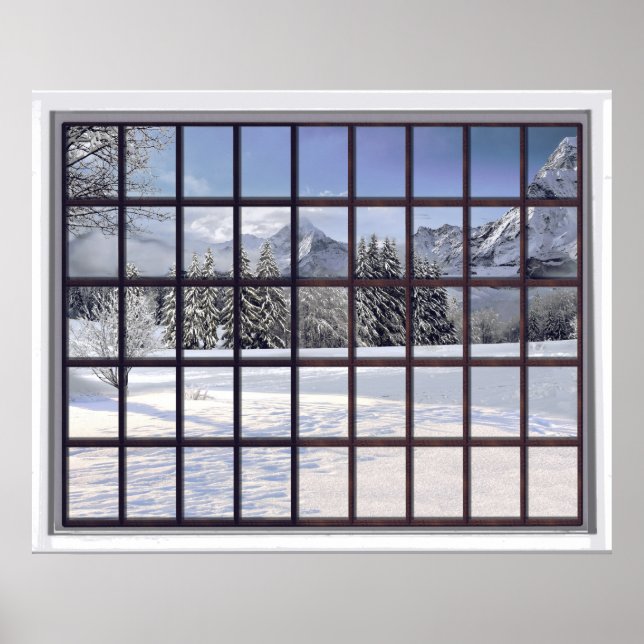 Schneebedeckte Imitate Winterschauer Fenster Poster (Vorne)