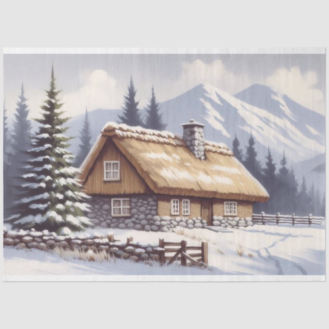 Schneebedeckte Kabine Winter Wasserfarbe Decoupage Seidenpapier (Vorderseite)