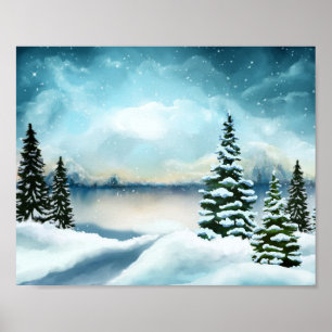 Schneebedeckte Kiefern in der Nähe eines Sees   Poster