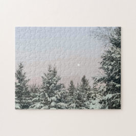 Schneebedeckte Pine Trees Moon Sunset