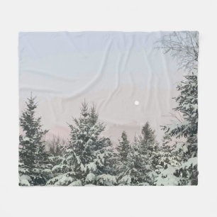 Schneebedeckte Pine Trees Moon Sunset Fleecedecke