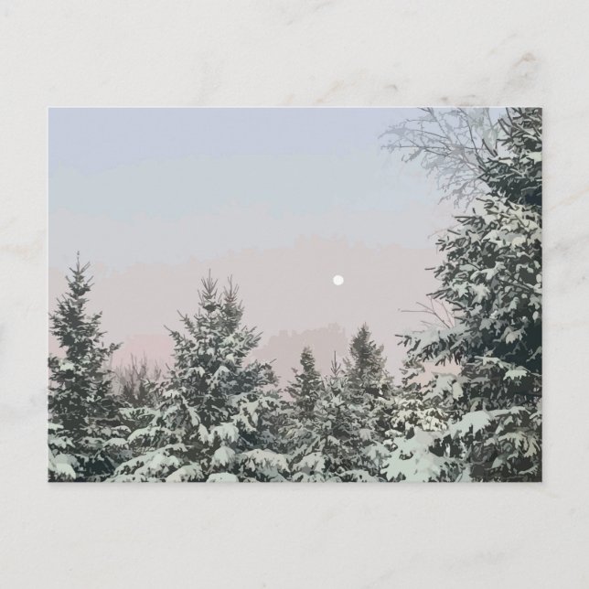 Schneebedeckte Pine Trees Moon Sunset Postkarte (Vorderseite)