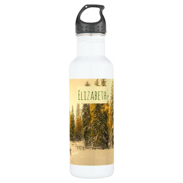 Schneebedeckte Pinienwälder Foto Edelstahlflasche (Vorderseite)