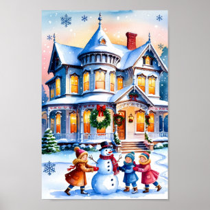 Schneebedeckte Viktorianische Hauswand Kunstdruckp Poster
