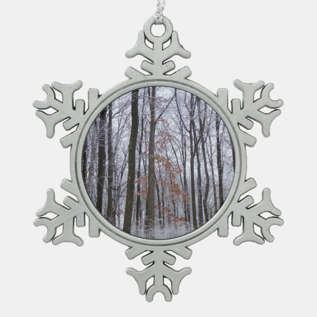 Schneebedeckte Wälder Winterlandschaft Fotografie Schneeflocken Zinn-Ornament (Vorderseite)