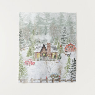 Schneebedeckte Winter-Weihnachtskabinen-Szene Wandteppich