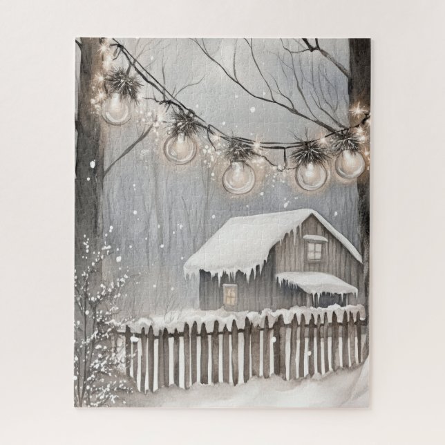 Schneebedeckte Winterhütte mit Lichterkette (Vertikal)