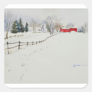 Schneebedeckte Winterlandschaft Aquarellaufkleber Quadratischer Aufkleber