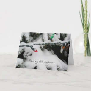 Schneebedeckte Zweige mit Weihnachtsbeleuchtung Feiertagskarte