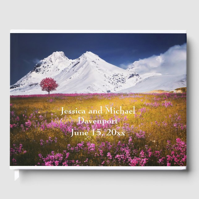 Schneebedeckter Berg und Blume Hochzeit Gästebuch (Vorderseite)