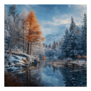 Schneebedeckter Fluss im Wald und Berg  Poster