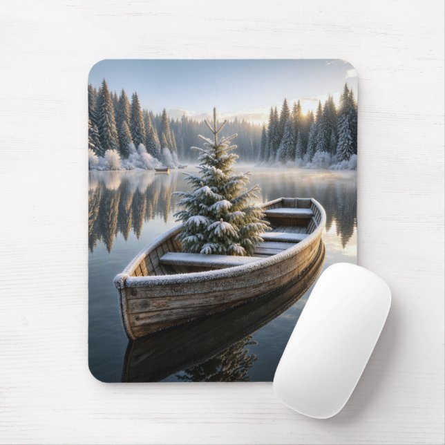 Schneebedeckter Immergrüner Baum in einem rustikal Mousepad (Mit Mouse)