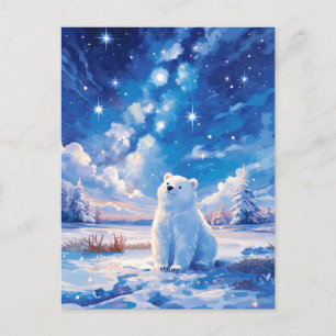 Schneebedeckter Kiefernwald Eisbär Winter Nacht Postkarte