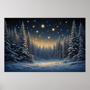 Schneebedeckter Kiefernwald unter einem sternenkla Poster
