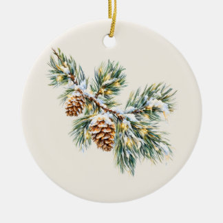Schneebedeckter Kiefernzweig Keramik Ornament
