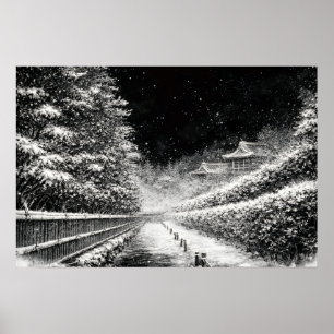 Schneebedeckter Tempelpfad bei Nacht – Japanische Poster