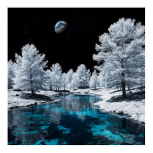 Schneebedeckter Wald und ruhiger See unter Himmel