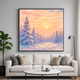 Schneebedeckter Waldsonnenuntergang - Wasserfarben Poster