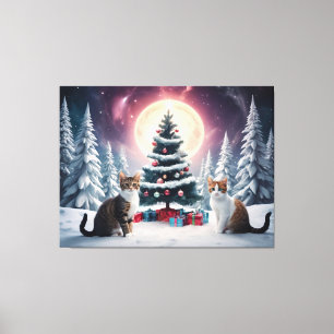 Schneebedeckter Weihnachtsbaum mit Katzen Leinwanddruck