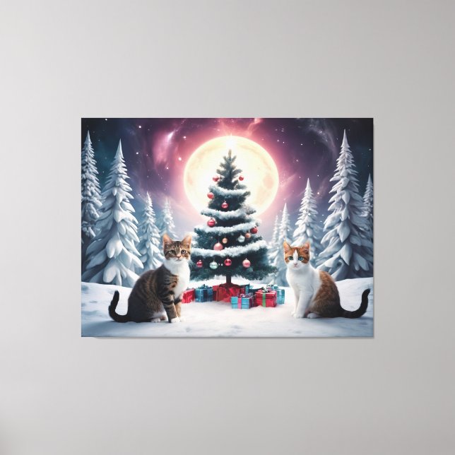 Schneebedeckter Weihnachtsbaum mit Katzen Leinwanddruck (Vorderseite)