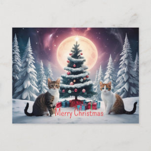 Schneebedeckter Weihnachtsbaum mit Katzen Postkarte