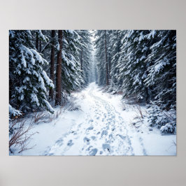 Schneebedeckter Winterwaldweg mit Fußspuren zum Wa Poster