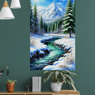 Schneebedecktes Alpen Tal mit sonnenbeschienenem F Poster