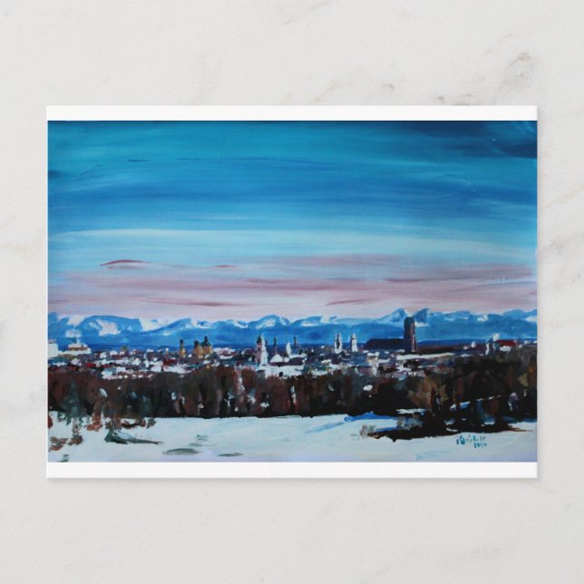 Schneebedecktes Münchner Winterpanorama mit Alpen Postkarte (Vorderseite)