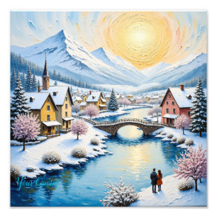 Schneebedecktes Winterdorf im goldenen Sonnenlicht Fotodruck