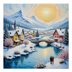 Schneebedecktes Winterdorf unter der goldenen Sonn Poster