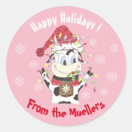 Schneebell die Kuh - Happy Holidays rosa Aufkleber