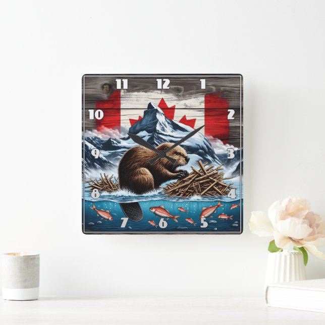 Schneeberg, Ozean, kanadischer Biber Quadratische Wanduhr (Zuhause)