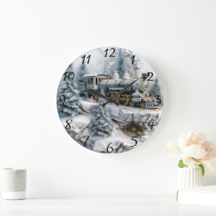 Schneeberge mit Dampfzug Kunst Große Wanduhr