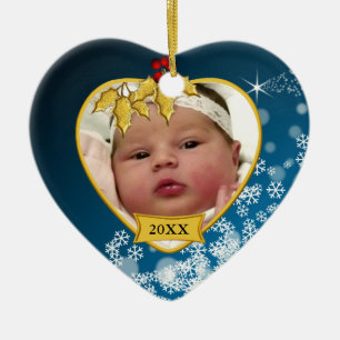 Schneeblaues und goldenes Foto zum 1. Weihnachten  Keramik Ornament