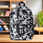 Schneedecke Personalisiert Modernes Monogramm Camo Bedruckter Rucksack<br><div class="desc">Unser moderner und trendiger Rucksack für Camouflage, ideal für Kinder, Studenten, Wanderer und Ausflüge! Dieser coole Rucksack weist eine Schneemuster-Camouflage mit Schwarz, Weiß und Grau auf und verleiht ihm einen militärisch inspiriert Look, der sicher ist, den Kopf zu drehen. Das Design der Camouflage ist nicht nur stilvoll, sondern auch funktional,...</div>