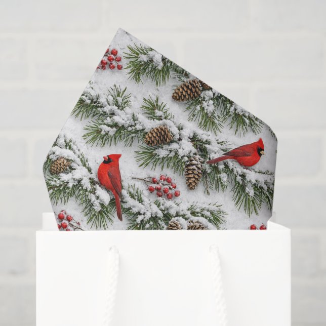 Schneee Roter Kardinal Immergrün Winter Seidenpapier (Geschenktüte)