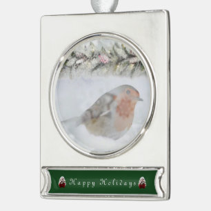 Schneee Weihnachten Rotkehlchen Vogel Banner-Ornament Silber