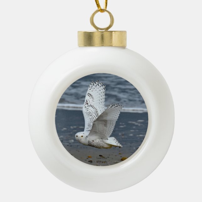 Schneeeule am Strand  Keramik Kugel-Ornament (Vorderseite)