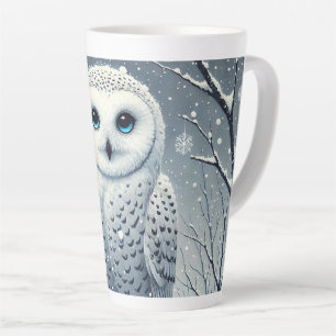 Schneeeule auf einem Winterzweig sitzend Milchtasse