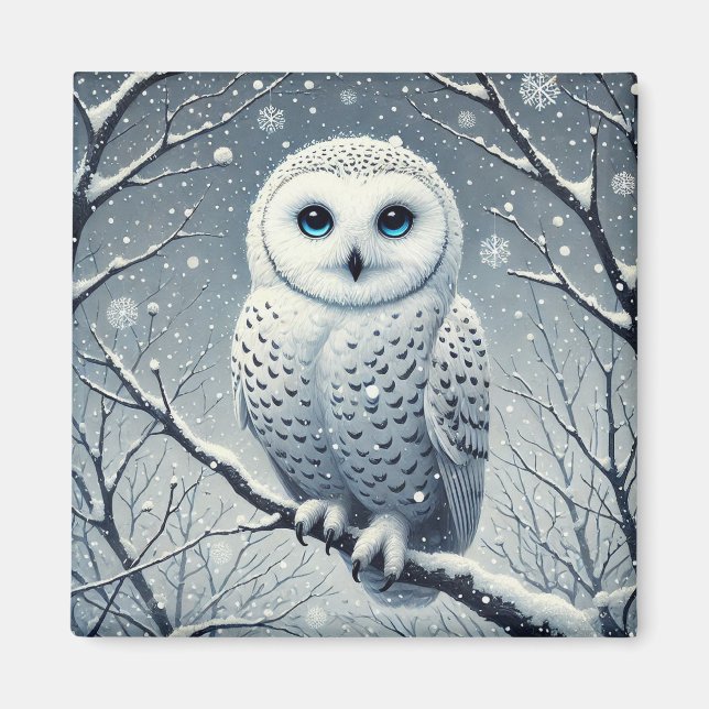 Schneeeule auf winterlichem Ast sitzend Wildlife  Magnet (Vorne)