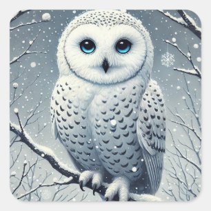 Schneeeule auf winterlichem Ast sitzend Wildlife Quadratischer Aufkleber