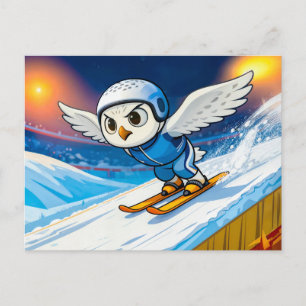 Schneeeule beim Skispringen von einer winterlichen Postkarte