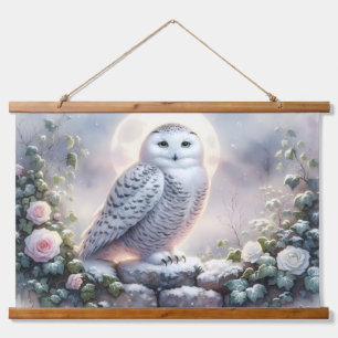 Schneeeule im mondbeschienenen Wintergarten Wandteppich Mit Holzrahmen